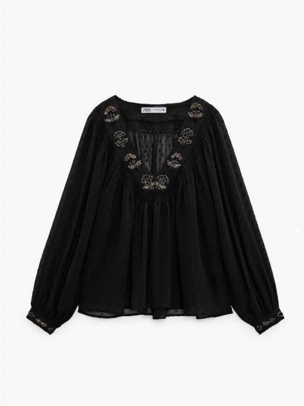 Zara Black Peasant Blouse with Embroidered V-Neck